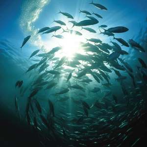 Vue sous-marine d'un banc de poisson